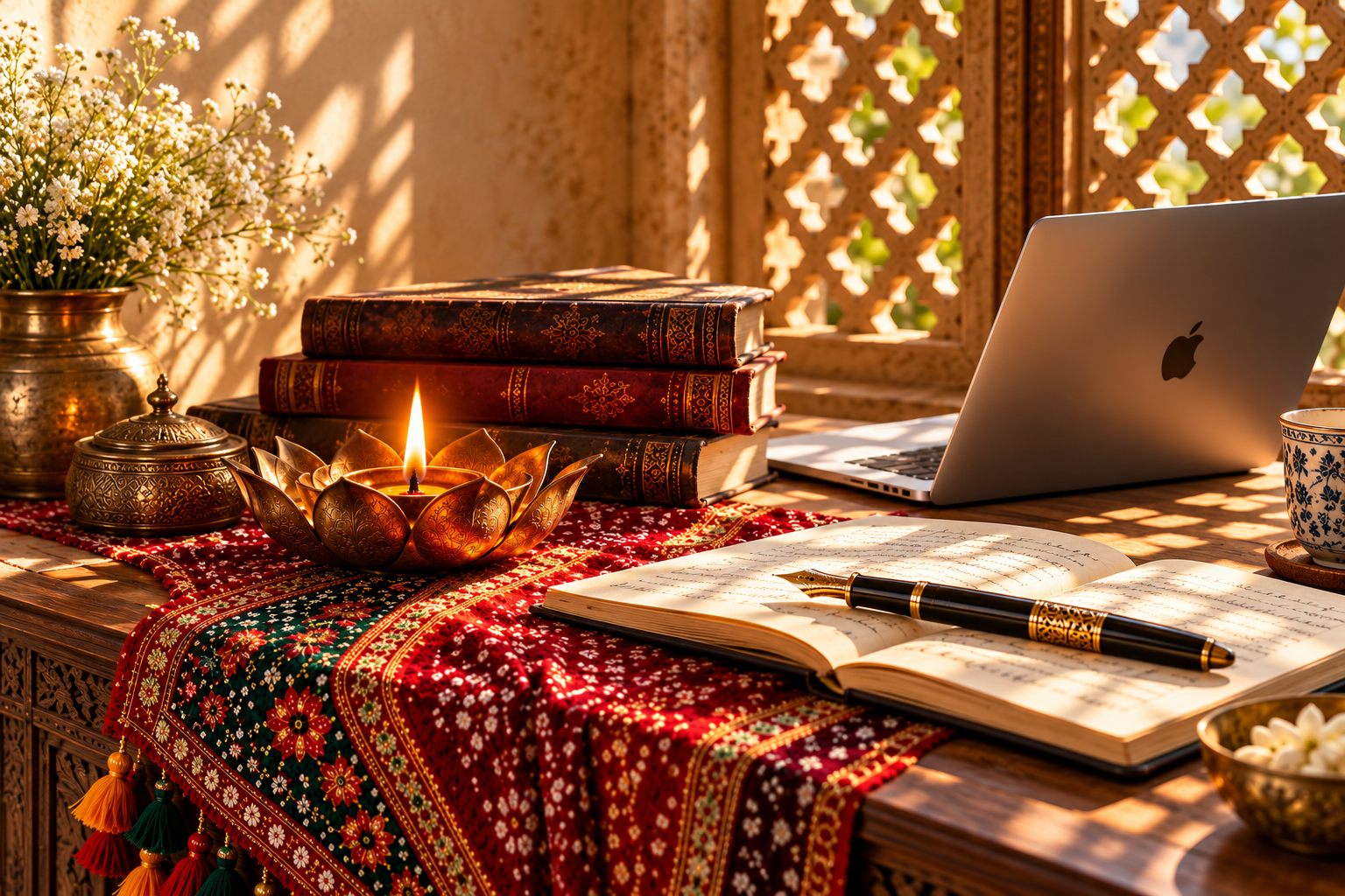 Sunlit writing desk with a glowing lotus lamp, embroidered red textile, books, manuscript, fountain pen, and open laptop